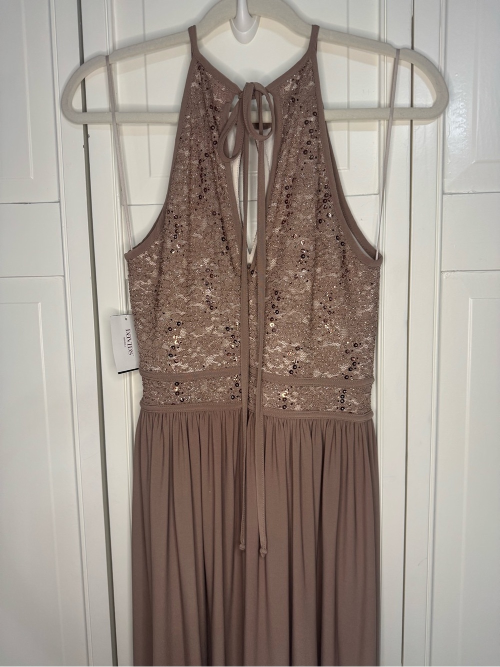 Morgan & Co Taupe Sequin Lace Halter Prom Formal Gown Dress Size 10 NWT - Picture 4 of 6
